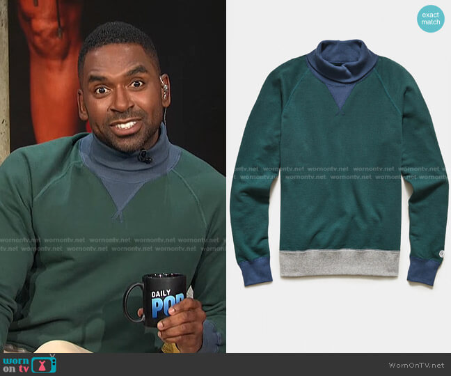 Todd Snyder + Champion Colorblock Turtleneck Sweatshirt worn by Justin Sylvester on E! News