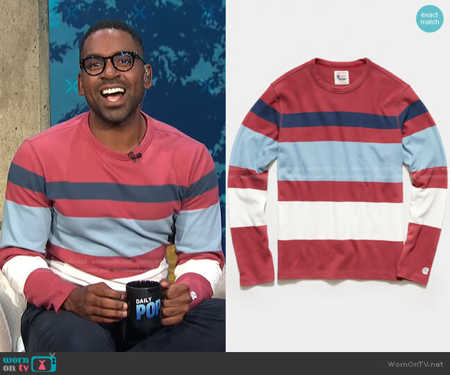 Todd Snyder + Champion Long Sleeve Engineered Stripe Tee worn by Justin Sylvester on E! News