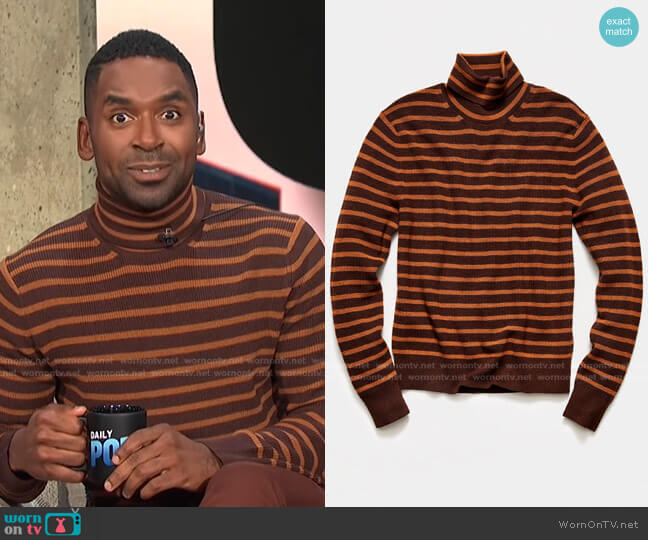 Todd Snyder Striped Ribbed Turtleneck Sweater worn by Justin Sylvester on E! News