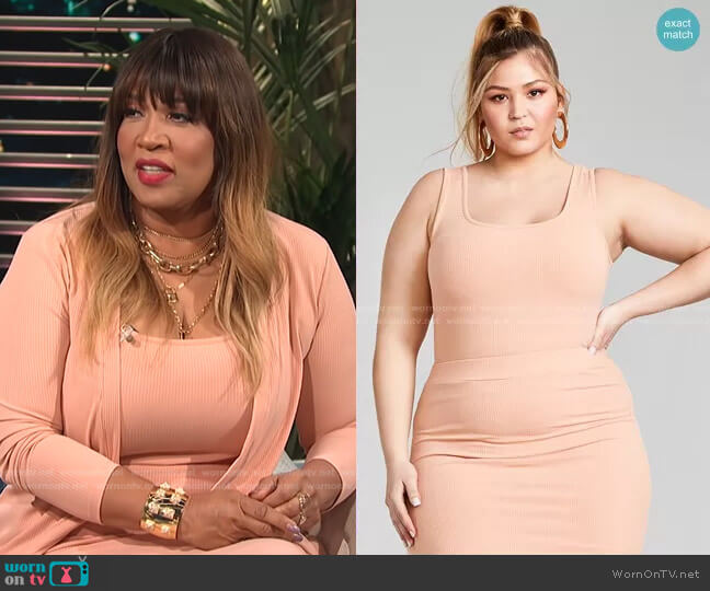 Nina Parker Trendy Plus Size Sleeveless Ribbed Knit Bodysuit worn by Kym Whitley on E! News