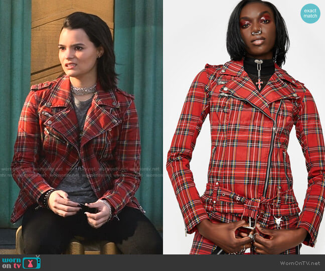 Tripp NYC Plaid Wild Child Moto Jacket worn by Aurora Decker-Morningstar (Brianna Hildebrand) on Lucifer