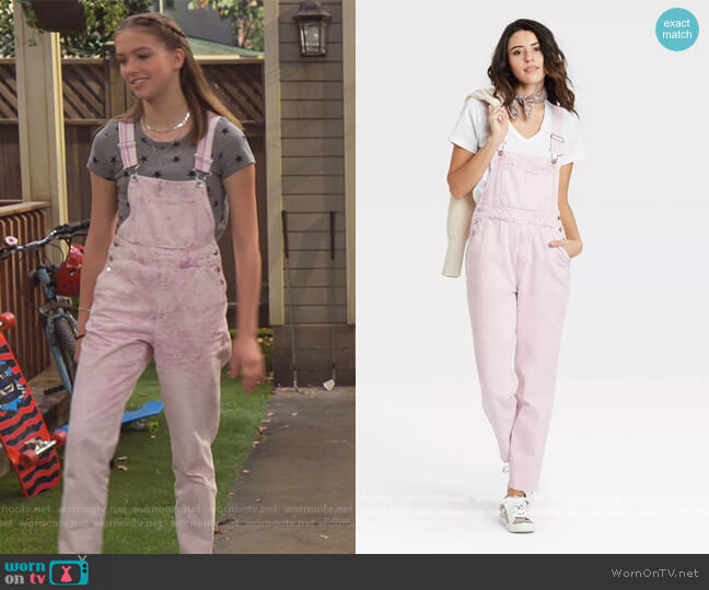 Universal Thread High-Rise Raw Hem Taper Denim Cropped Overalls worn by Presley (Jayden Bartels) on Side Hustle