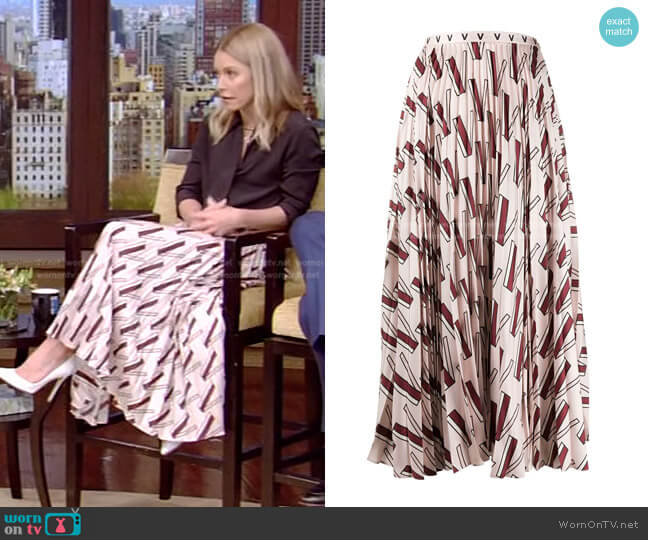 Valentino V-print pleated skirt worn by Kelly Ripa on Live with Kelly and Mark