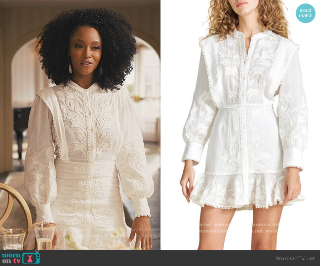 Veronica Beard Analeah ruffled embroidered ramie mini dress worn by Angela Vaughn (Yaya DaCosta) on Our Kind of People