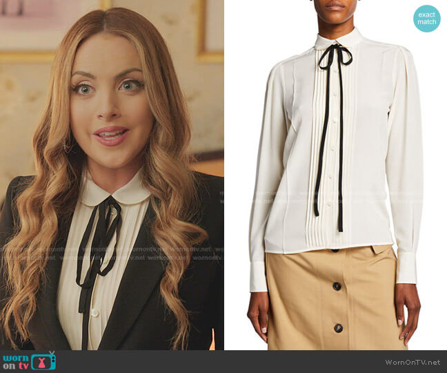 Victoria Beckham Contrast Ties Pleated Front Silk Shirt worn by Fallon Carrington (Elizabeth Gillies) on Dynasty