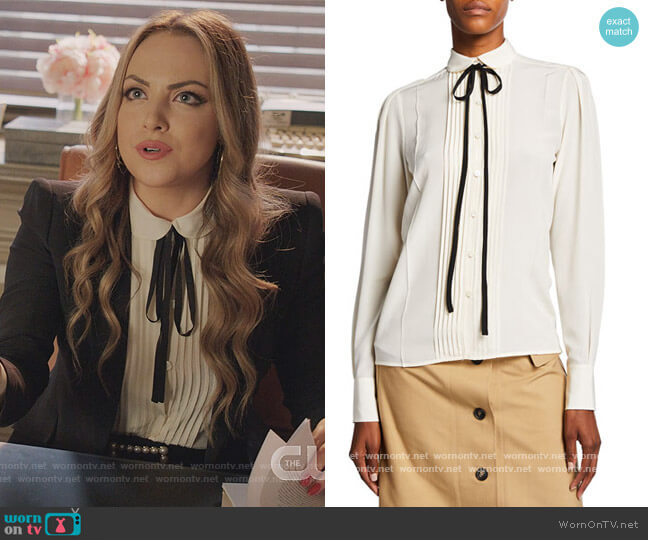 Victoria Beckham Contrast Ties Pleated Front Silk Shirt worn by Fallon Carrington (Elizabeth Gillies) on Dynasty
