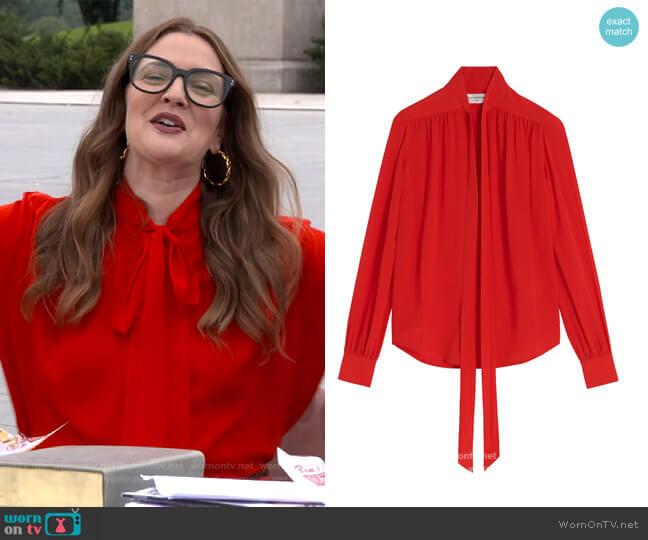 Victoria Beckham Tie-Neck Silk Blouse worn by Drew Barrymore on The Drew Barrymore Show