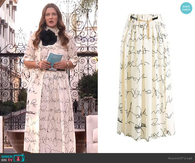Victoria Beckham Signature Print Belted Midi Skirt worn by Drew Barrymore on The Drew Barrymore Show