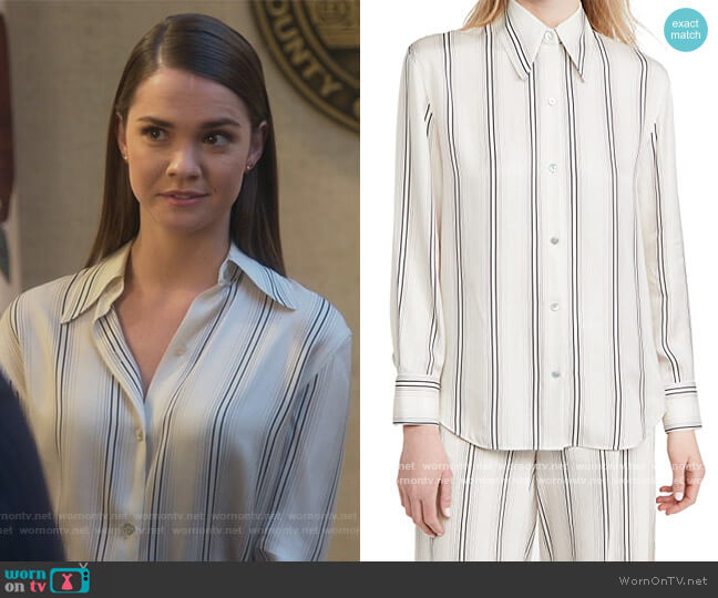 Vince Stripe Button Up Blouse worn by Callie Foster (Maia Mitchell) on Good Trouble