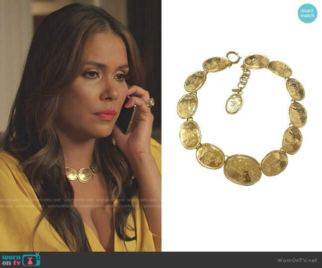 Chanel Vintage Regal Crown Logo Coin Medallion Choker Necklace worn by Cristal Jennings (Daniella Alonso) on Dynasty