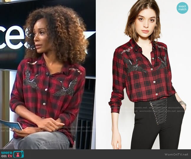 The Kooples Woven Checked shirt with Embroidered Storks worn by Zuri Hall on Access Hollywood