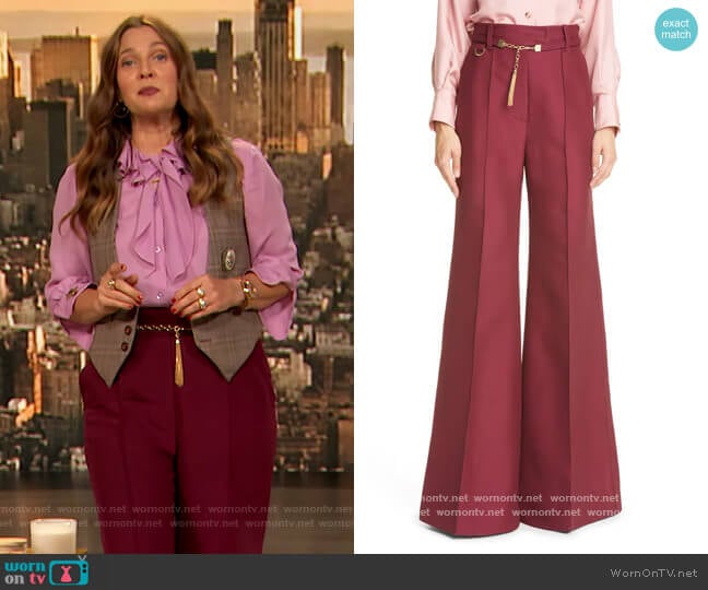 Zimmermann Concert chain-embellished wool-blend flared pants worn by Drew Barrymore on The Drew Barrymore Show