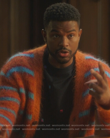 Aaron’s orange stripe mohair cardigan on Grown-ish