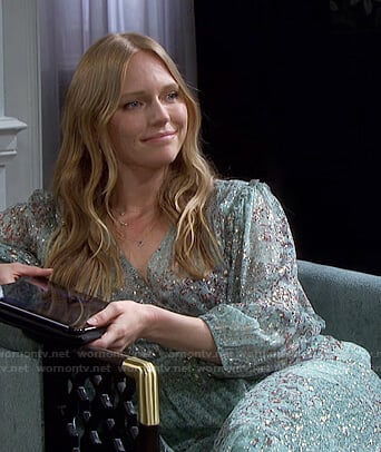 Abigail’s mint green metallic floral wrap dress on Days of our Lives