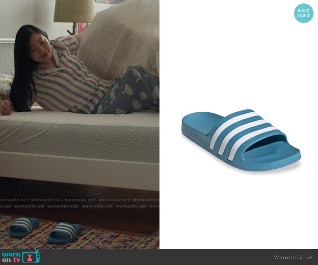 Adidas Adilette Slides in Blue worn by Nora Lum (Awkwafina) on Awkwafina is Nora From Queens