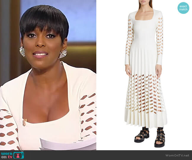 Alaia Square-Neck Laser-Cut Pleated Maxi Dress worn by Tamron Hall on Tamron Hall Show