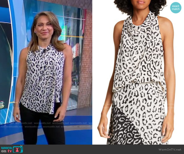 A.L.C. Ella Leopard Print Silk Top worn by Ginger Zee on Good Morning America