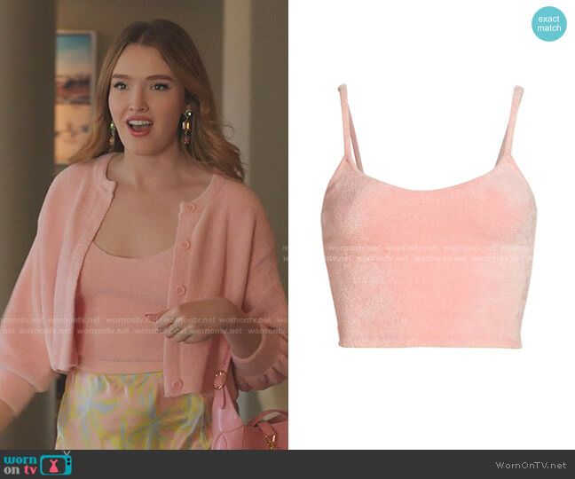 Alice + Olivia Rhea Fuzzy Cropped Sweater Tank Top worn by Kirby Anders (Maddison Brown) on Dynasty