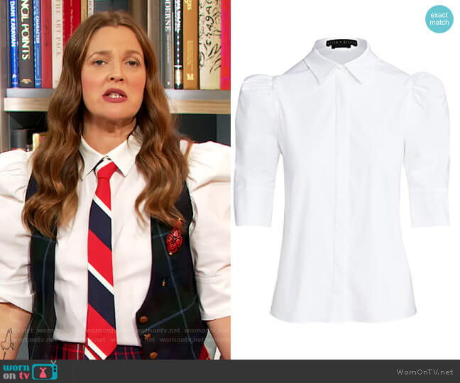 Alice + Olivia Willa Scrunched Puff Sleeve Top worn by Drew Barrymore on The Drew Barrymore Show