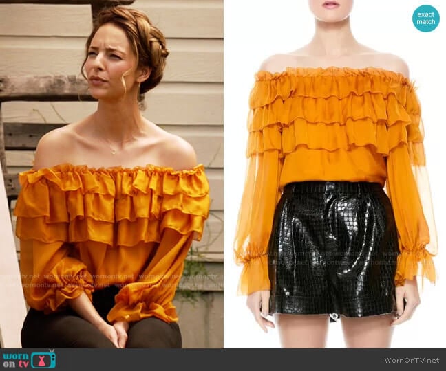 Alice + Olivia Ersa Ruffle Tiered Silk Blouse worn by Zari Tomaz (Tala Ashe) on Legends of Tomorrow