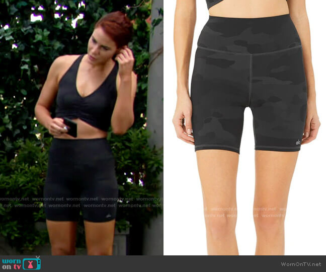 Alo Yoga High Waist Vapor Shorts in Black Camoflague worn by Sally Spectra (Courtney Hope) on The Young and the Restless