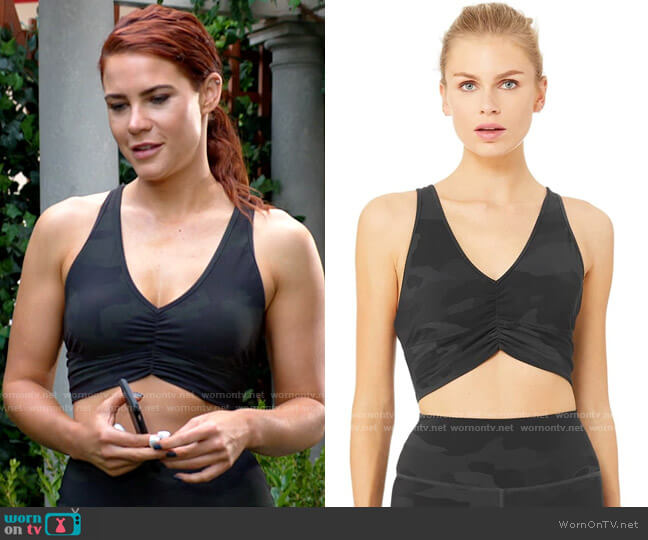 Alo Yoga Vapor Wild Things Bra in Black Camoflague worn by Sally Spectra (Courtney Hope) on The Young and the Restless