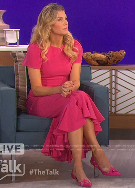 Amanda’s pink ruffle hem midi dress on The Talk