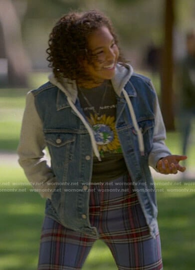 Angie’s sunflower t-shirt and hooded denim jacket on The L Word Generation Q