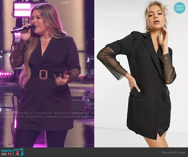 Asos Saint Genies Tuxedo Blazer Dress with Diamonte Net Sleeve Detail worn by Kelly Clarkson on The Voice