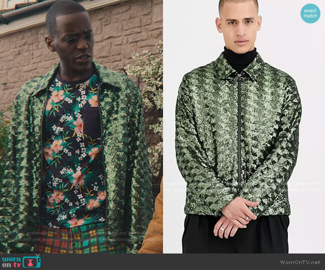 ASOS Harrington Jacket in green sequin worn by Eric Effiong (Ncuti Gatwa) on Sex Education