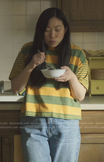 Nora’s yellow striped t-shirt on Awkwafina is Nora From Queens