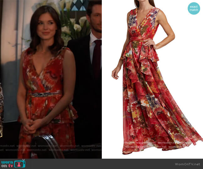 Badgley Mischka Floral Ruffled V-Neck Gown worn by Willow Tait (Katelyn MacMullen) on General Hospital