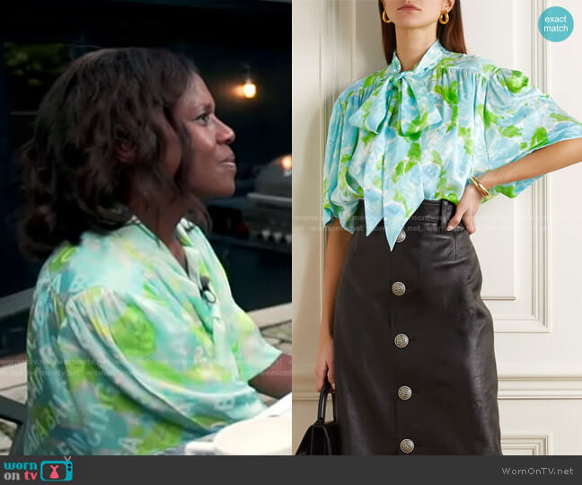 Balenciaga Pussy-Bow Floral-Print Silk-Jacquard Blouse worn by Deborah Roberts on Good Morning America