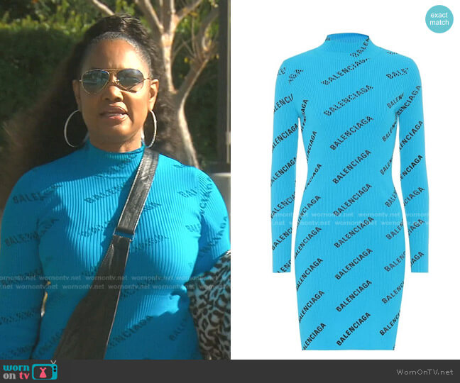Balenciaga Logo Print Knit Dress worn by Garcelle Beauvais on The Real Housewives of Beverly Hills