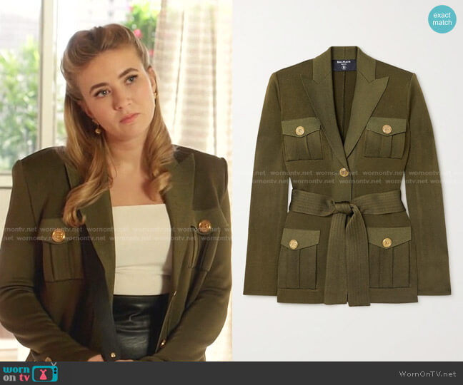 Balmain Belted knitted jacket worn by Amanda Carrington (Eliza Bennett) on Dynasty