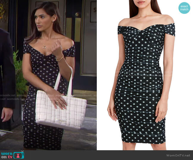 Bcbgmaxazria Sweetheart Off-the-Shoulder Mesh Dot Dress worn by Gabi Hernandez (Camila Banus) on Days of our Lives