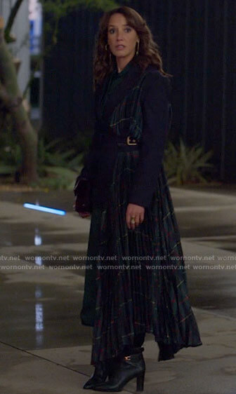 Bette’s navy jacket with long pleated plaid panel on The L Word Generation Q