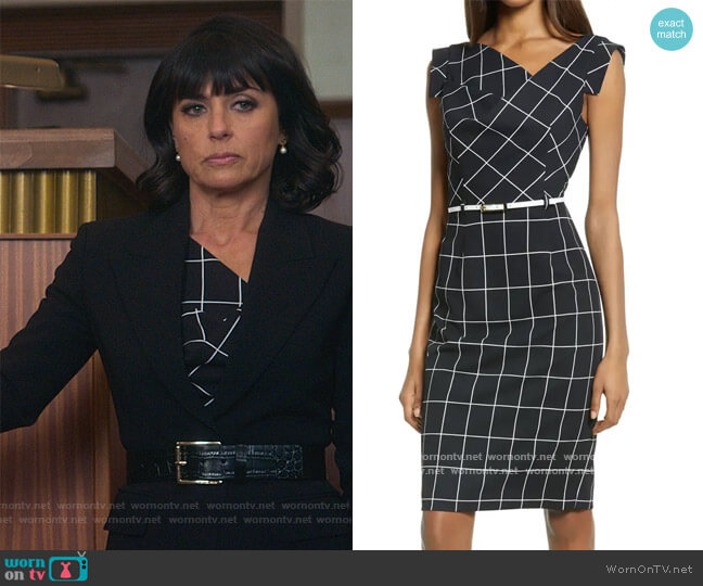Black Halo Jackie O Grid Print Sheath Dress worn by Kathleen Gale (Constance Zimmer) on Good Trouble