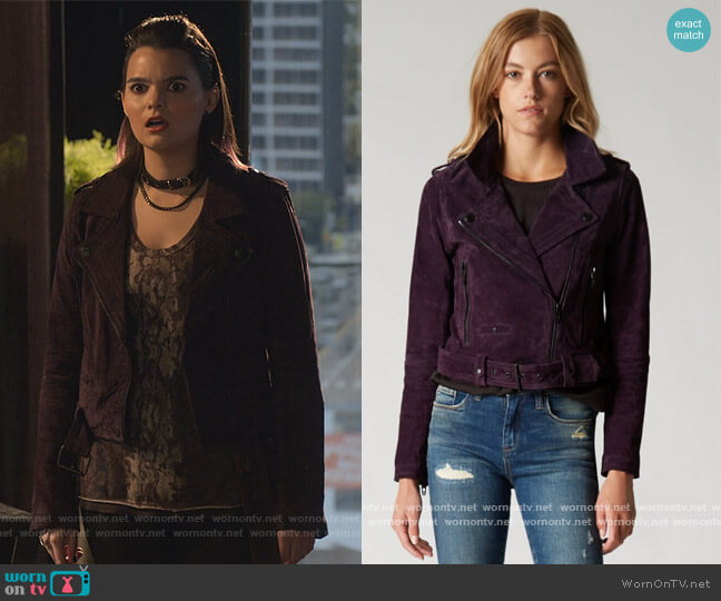 Blank NYC Twilight Suede Jacket in purple worn by Aurora Decker-Morningstar (Brianna Hildebrand) on Lucifer