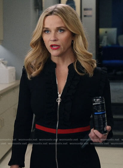 Bradley’s black ruffled zip front dress on The Morning Show
