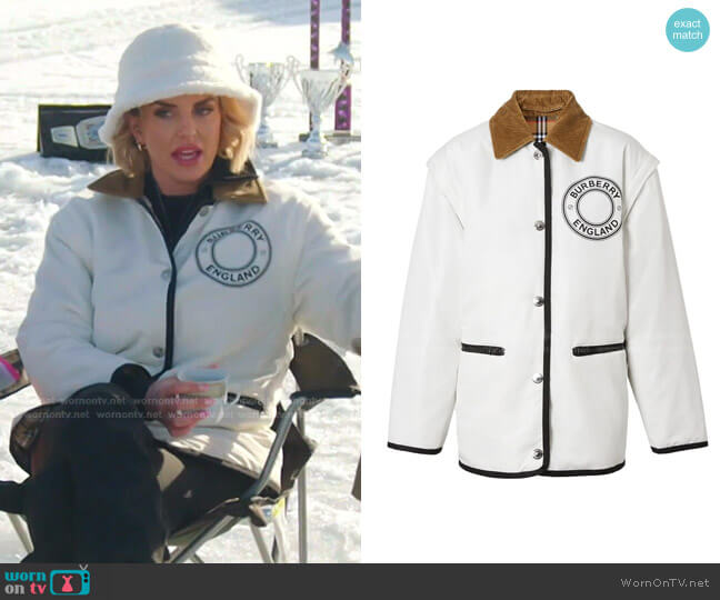 Burberry Detachable Sleeve Reversible Logo Graphic Jacket worn by Whitney Rose on The Real Housewives of Salt Lake City