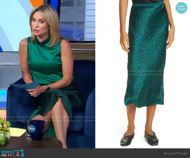 Cami NYC The Jessica Emerald Silk Bias Midi Skirt worn by Amy Robach on Good Morning America