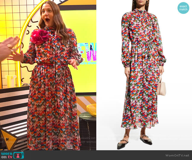 Carolina Herrera Heart-Print Gathered Midi Dress w/ Mesh Inserts worn by Drew Barrymore on The Drew Barrymore Show