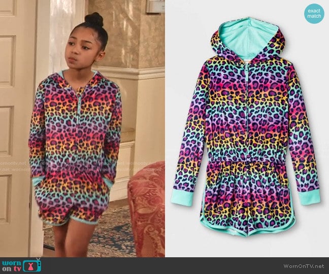 Cat & Jack Girls' Rainbow Leopard Print Pajama Romper worn by Ami (Jordyn Raya James) on Family Reunion