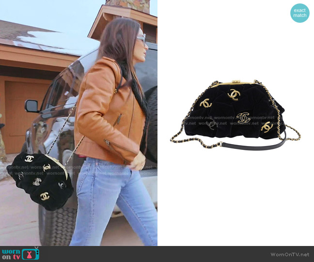 Chanel Embellished Black Velvet Leather Gold Hardware Shoulder Bag worn by Lisa Barlow on The Real Housewives of Salt Lake City