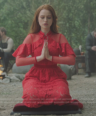 Cheryl’s red lace ruffle trim maxi dress on Riverdale