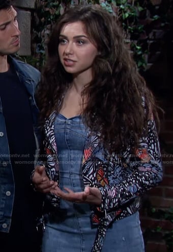 Ciara’s denim mini dress and butterfly print moto jacket on Days of our Lives