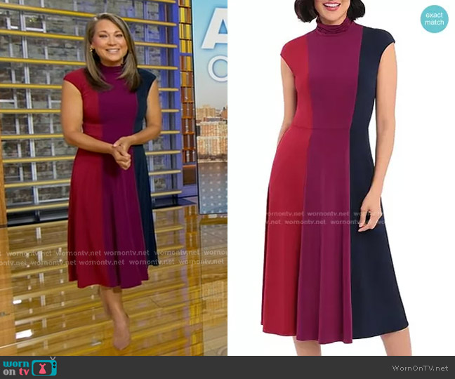 Maggy London Color Block Jersey Mock Neck Midi Dress worn by Ginger Zee on Good Morning America