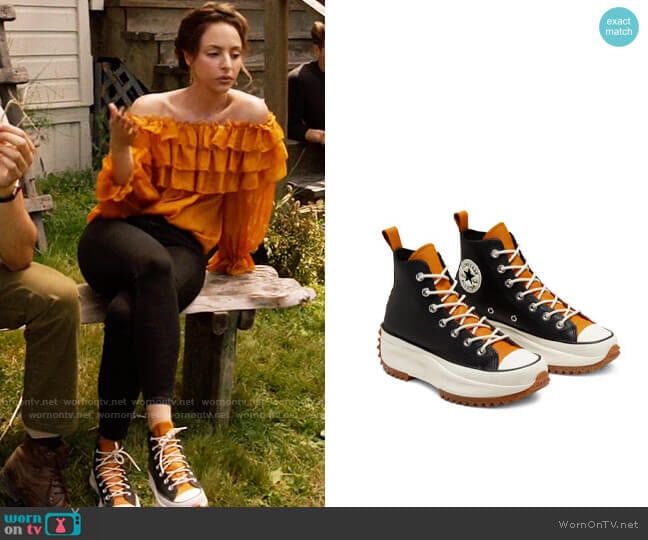 Converse Run Star High Top Sneaker in Black/Saffron Yellow/Egret worn by Zari Tomaz (Tala Ashe) on Legends of Tomorrow