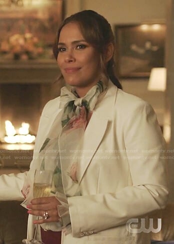 Cristal’s white floral tie neck blouse on Dynasty
